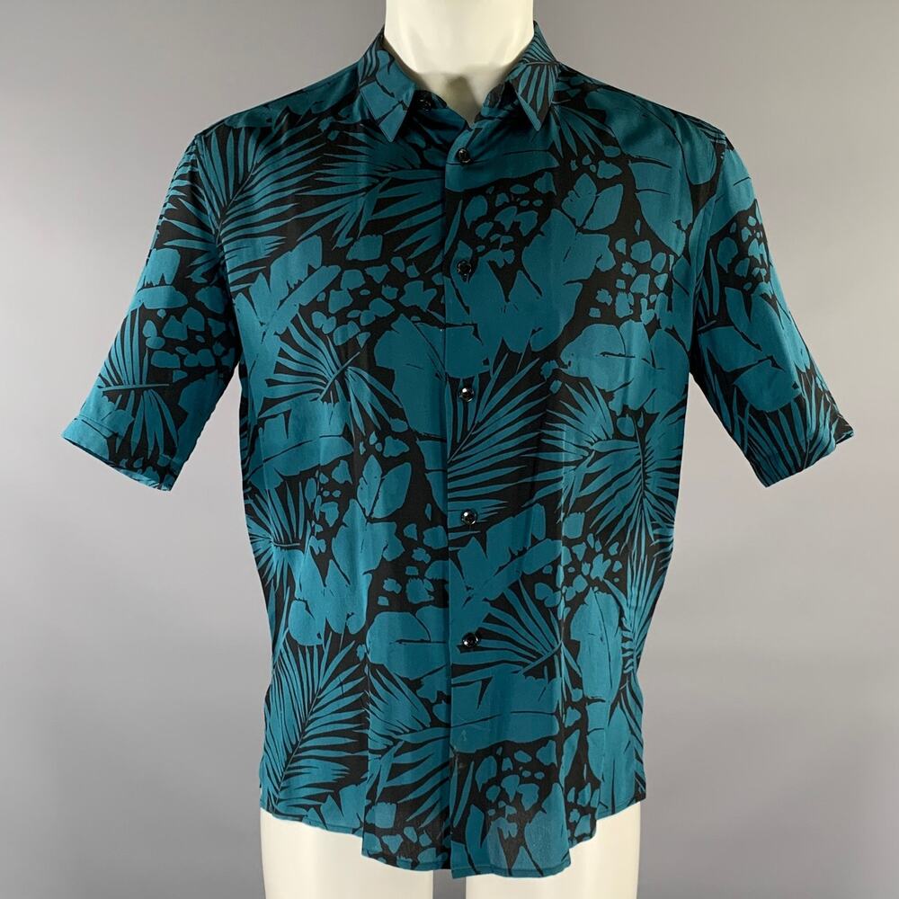 SAINT LAURENT Size S Turquoise Black Abstract Floral Silk Short Sleeve Shirt